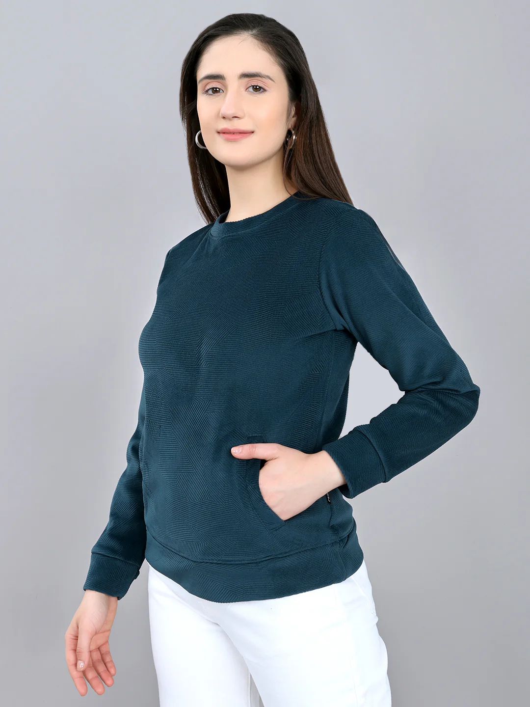 Rock.it Women Teal Blue Self Design Round Neck Full Sleeve Sweatshirt - Image 2
