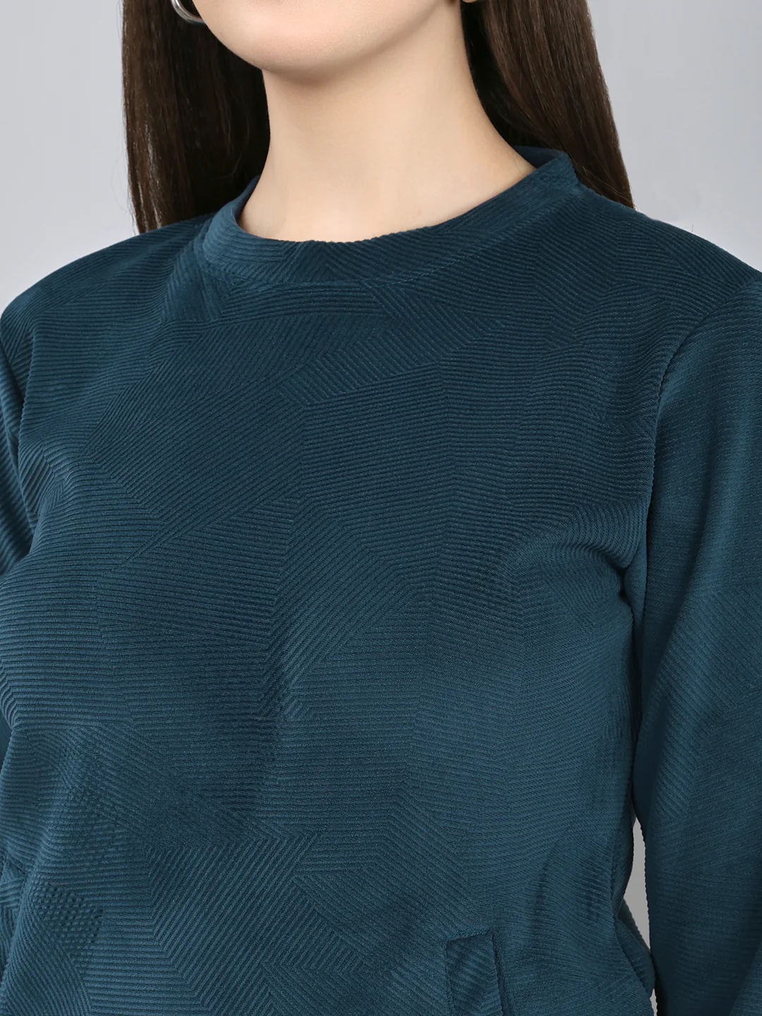 Rock.it Women Teal Blue Self Design Round Neck Full Sleeve Sweatshirt - Image 5