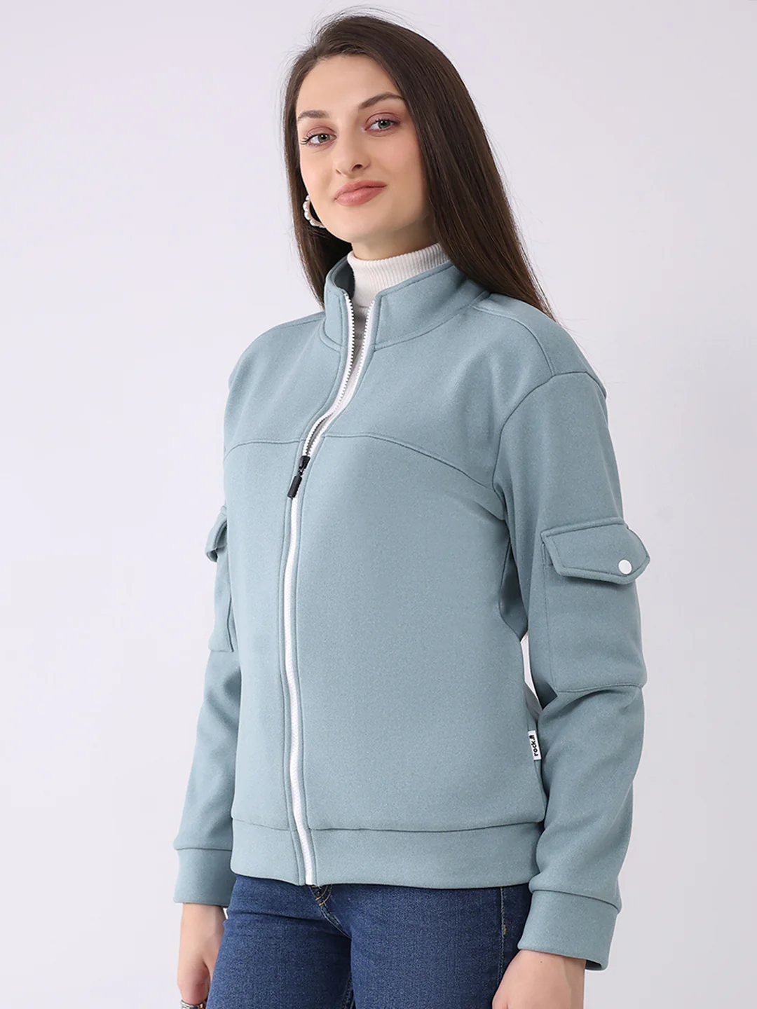 Rock.it Women Turquoise Blue Solid Mock Neck Full Sleeve Sweatshirt - Image 3