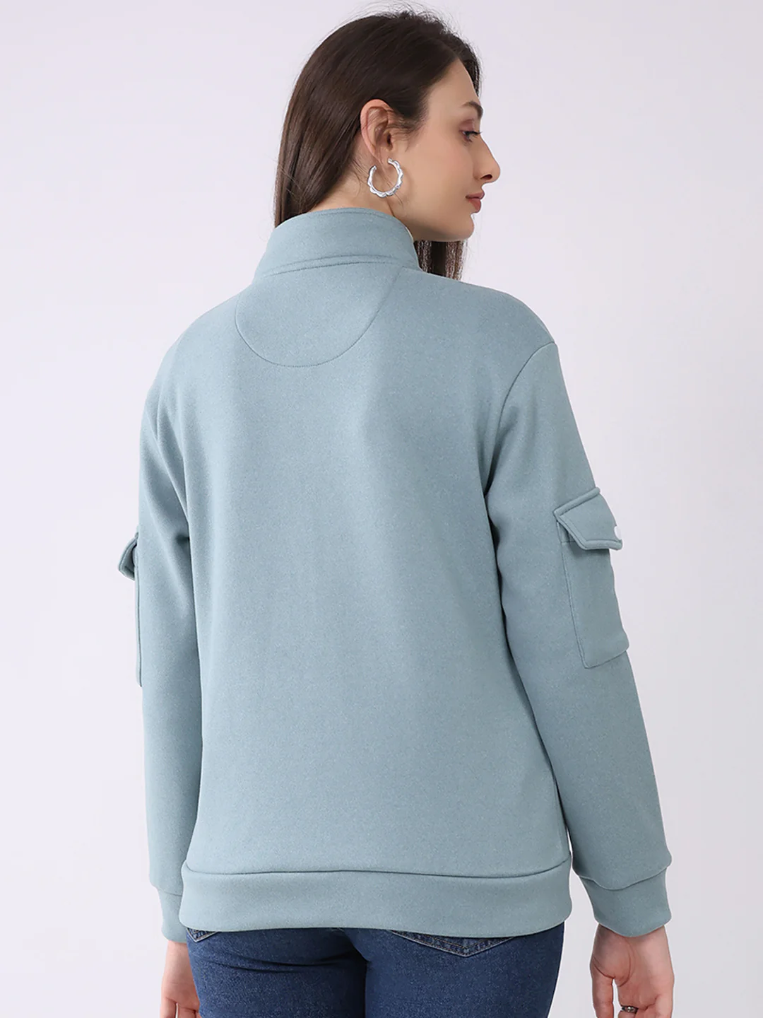 Rock.it Women Turquoise Blue Solid Mock Neck Full Sleeve Sweatshirt - Image 5