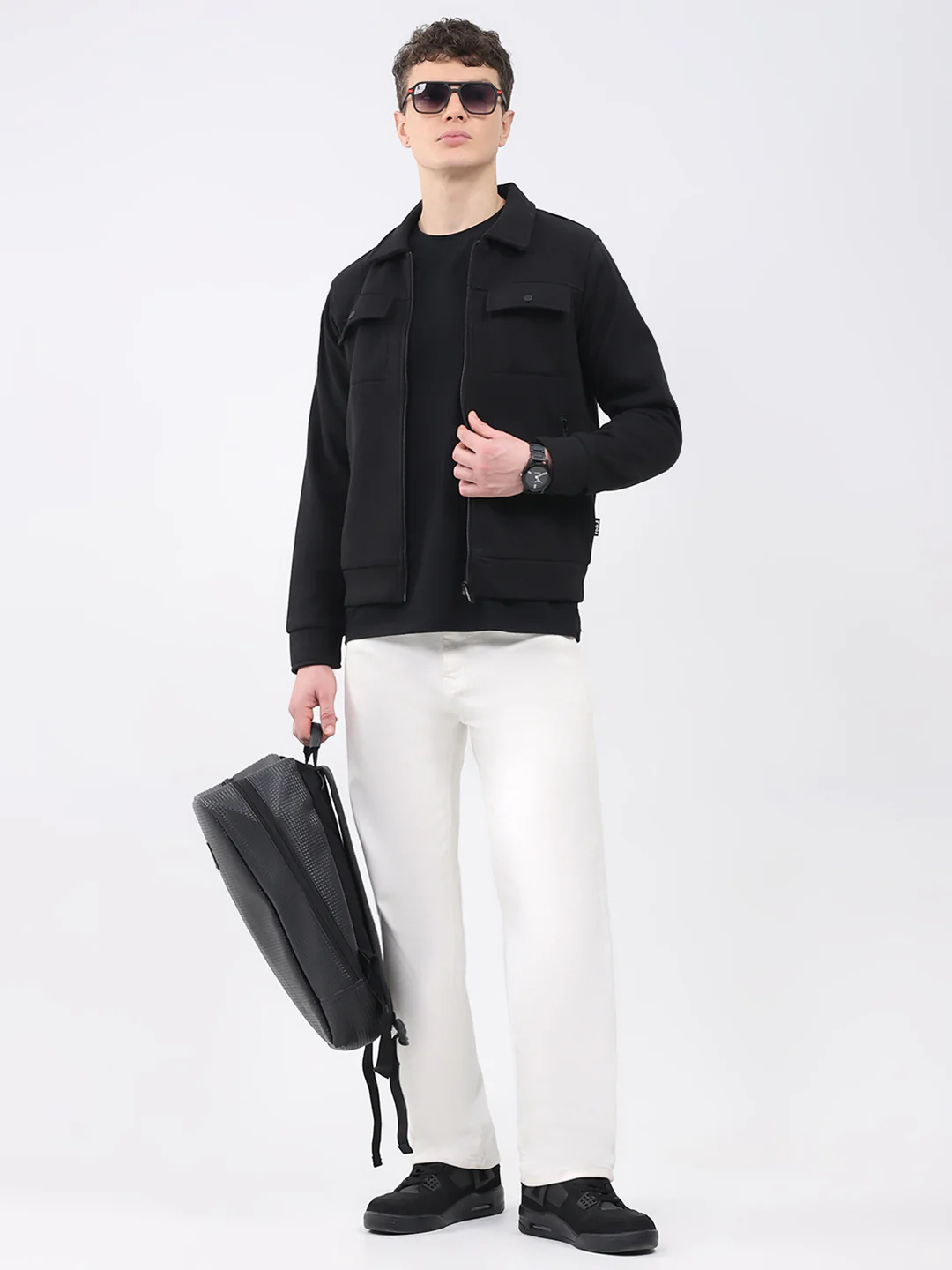 Rock.it Men Black Solid Collar Full Sleeve Knitted Jacket - Image 2