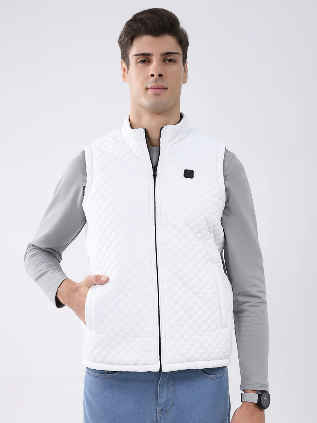 Rock.it Men Black & White Solid Mock Neck Sleeveless Jacket - Image 6