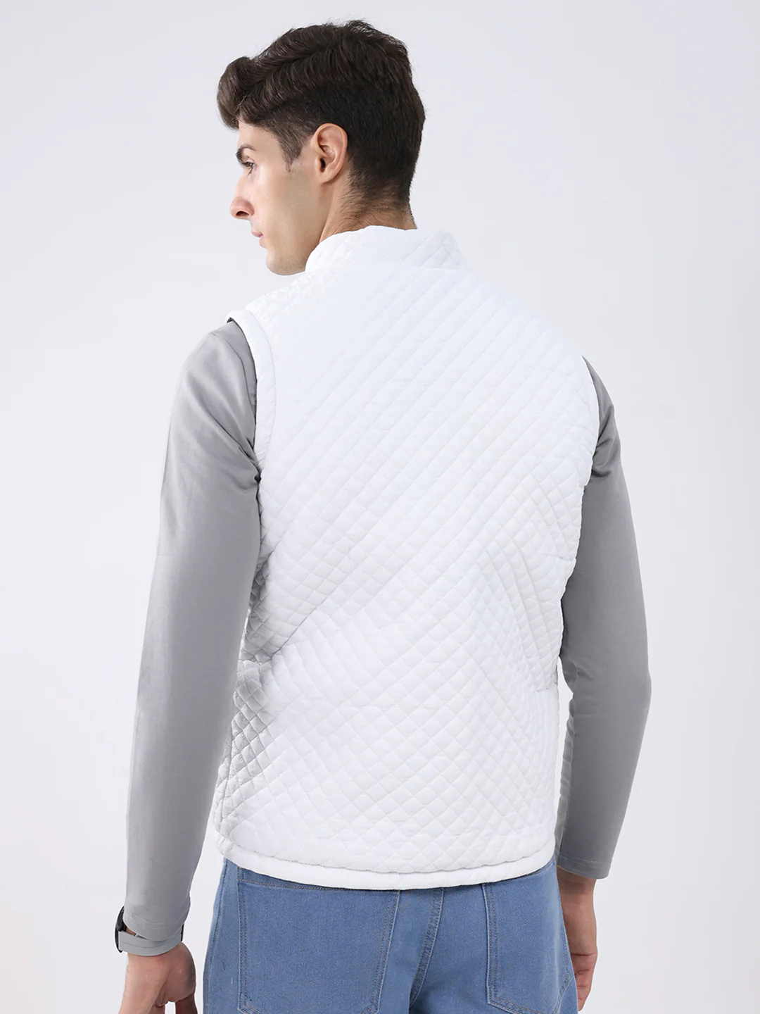 Rock.it Men Black & White Solid Mock Neck Sleeveless Jacket - Image 8