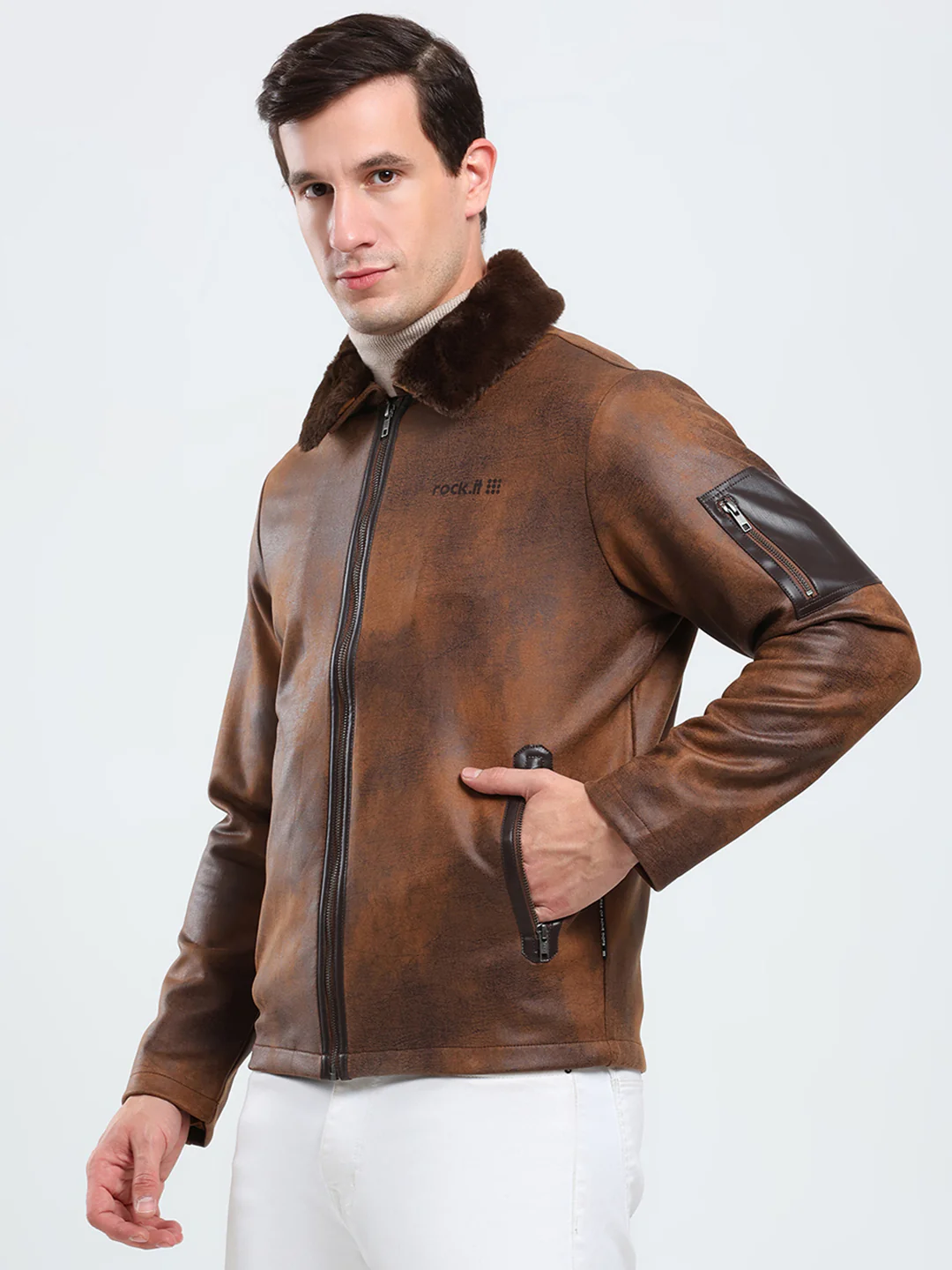 Rock.it Men Brown Solid Collar Full Sleeve Jacket - Image 3