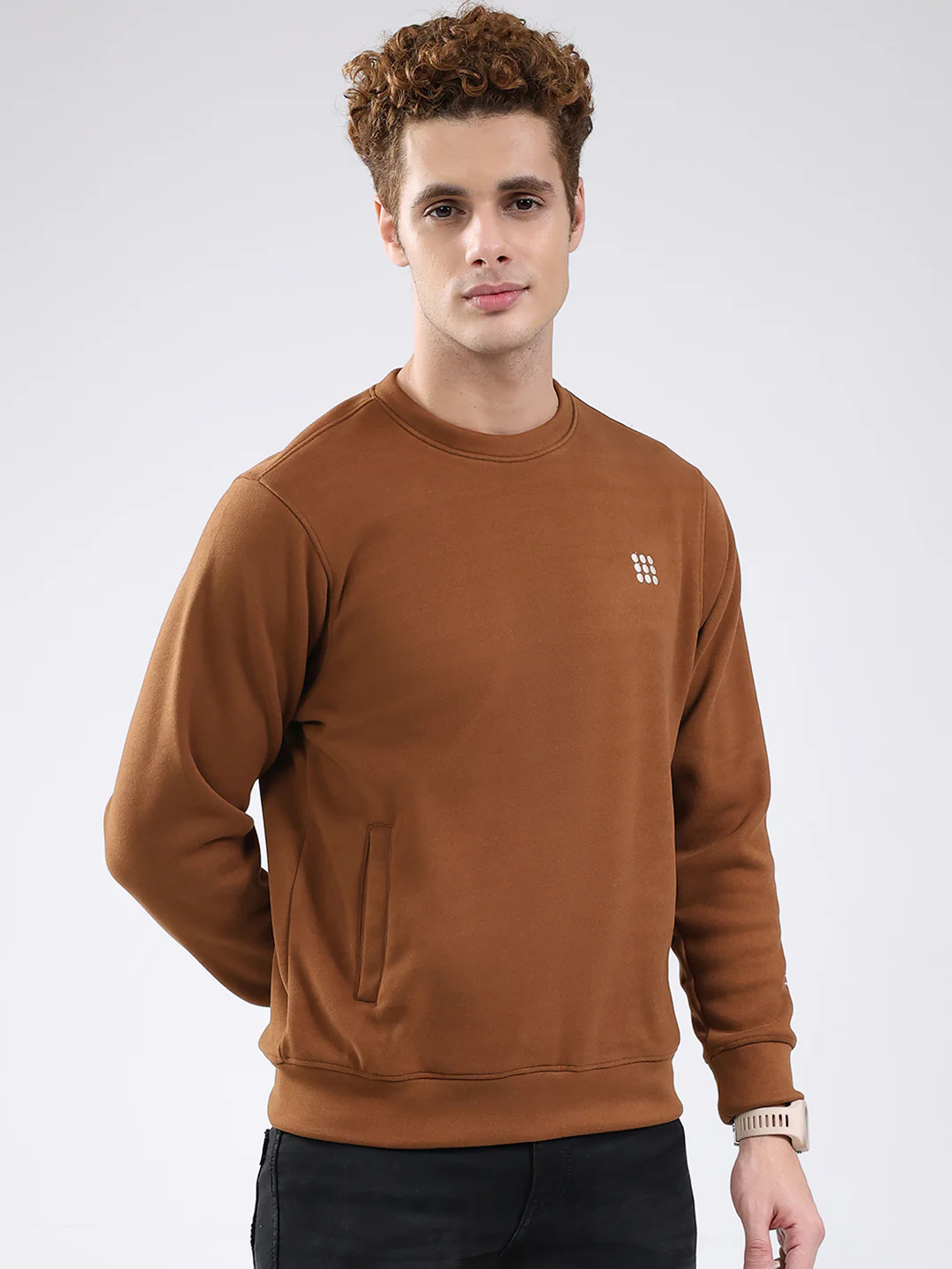 Rock.it Men Brown Solid Round Neck Full Sleeve Sweatshirt - Image 4