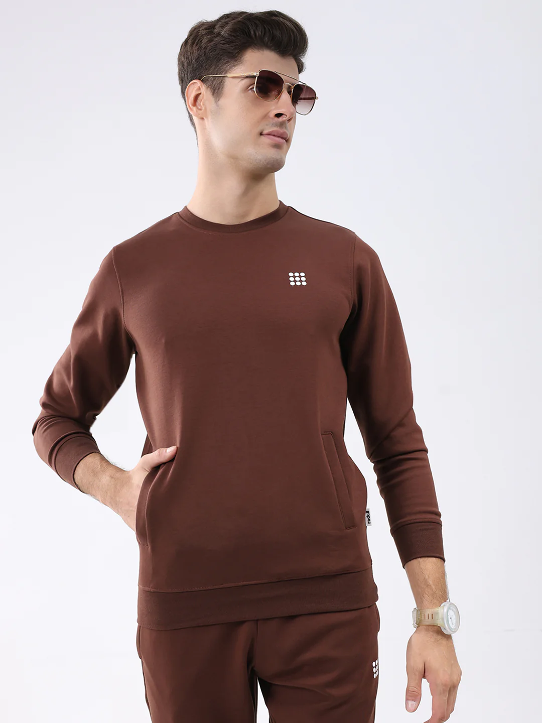 Rock.it Men Brown Solid Round Neck Full Sleeve Winter Tracksuit - Image 6