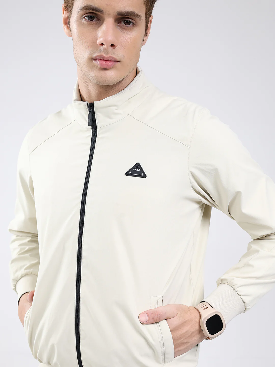 Rock.it Men Cream Solid Mock Neck Full Sleeve Jacket - Image 7