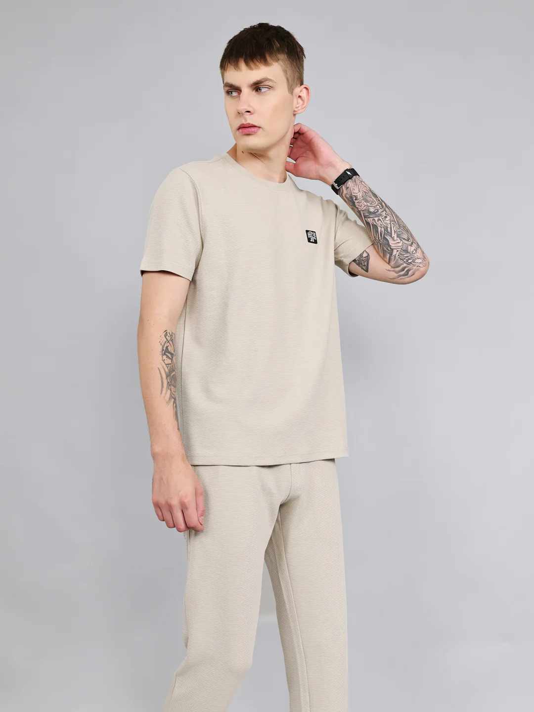 Rock.it Men Cream Solid Round Neck Half Sleeve Cords Set - Image 2