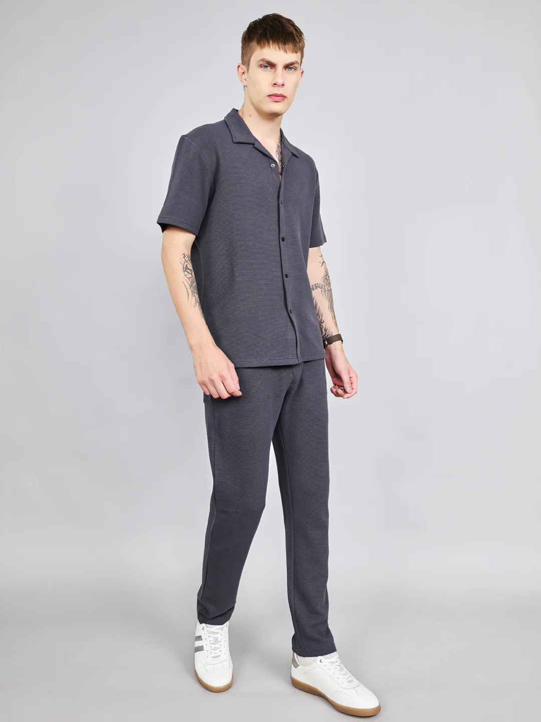 Rock.it Men Grey Solid Collar Half Sleeve Cords Set - Image 2