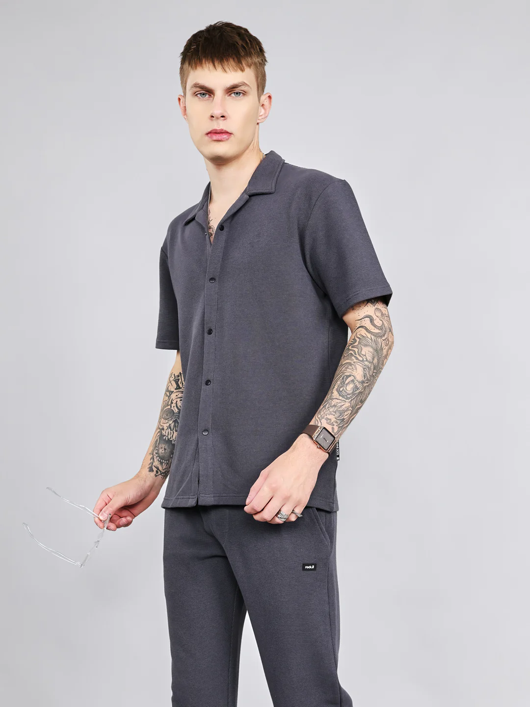 Rock.it Men Grey Solid Collar Half Sleeve Cords Set - Image 3