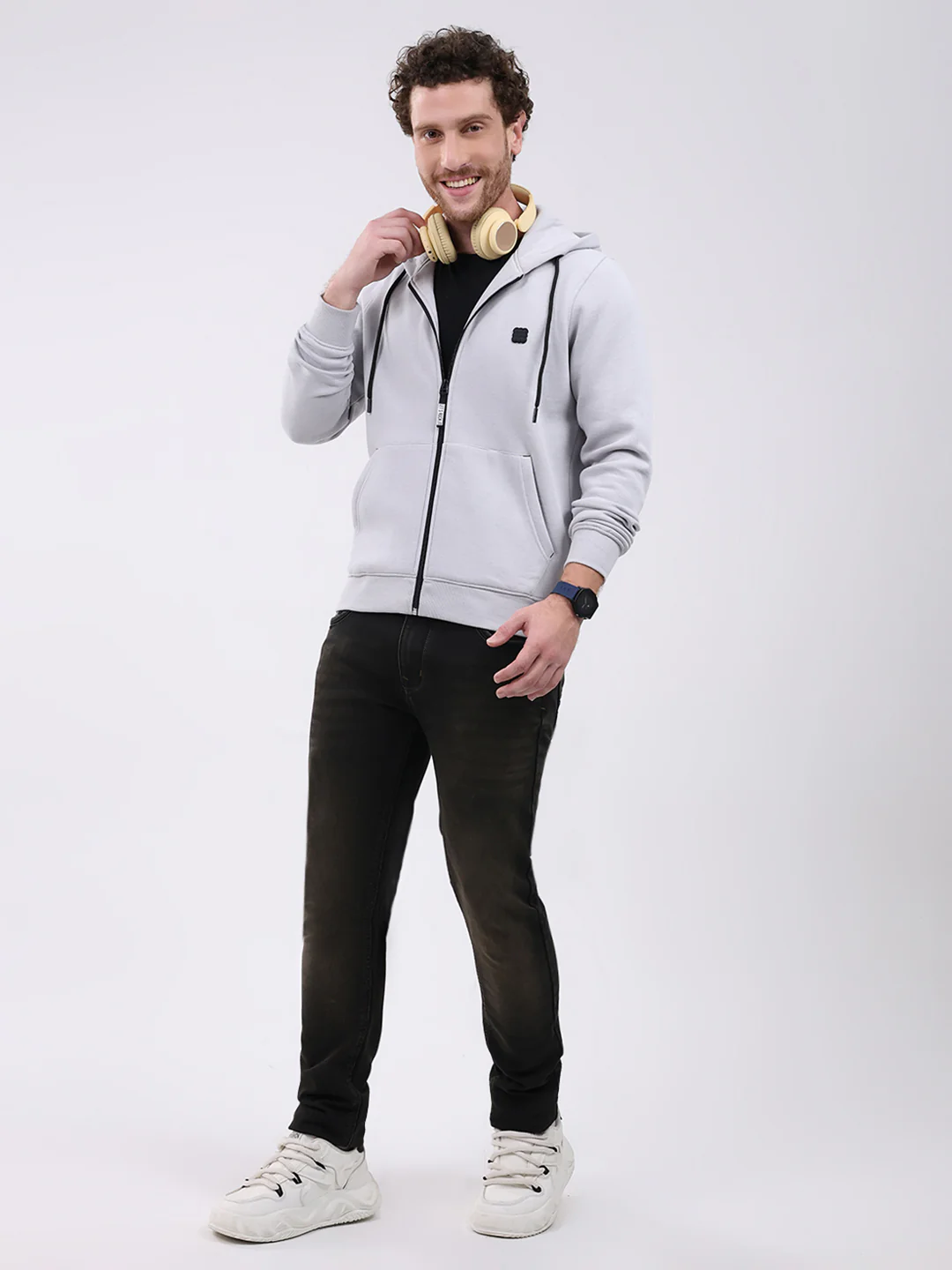 Rock.it Men Grey Solid Hooded Full Sleeve Sweatshirt - Image 2