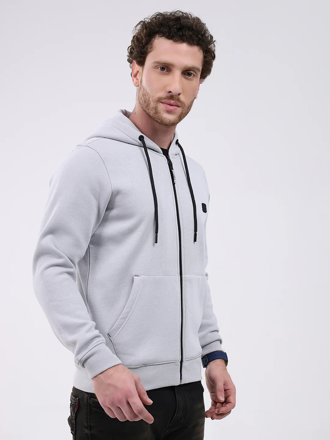 Rock.it Men Grey Solid Hooded Full Sleeve Sweatshirt - Image 4