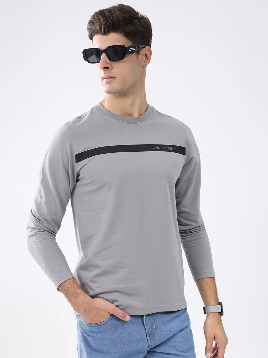 Rock.it Men Grey Solid Round Neck Full Sleeve Winter T-Shirt - Image 6
