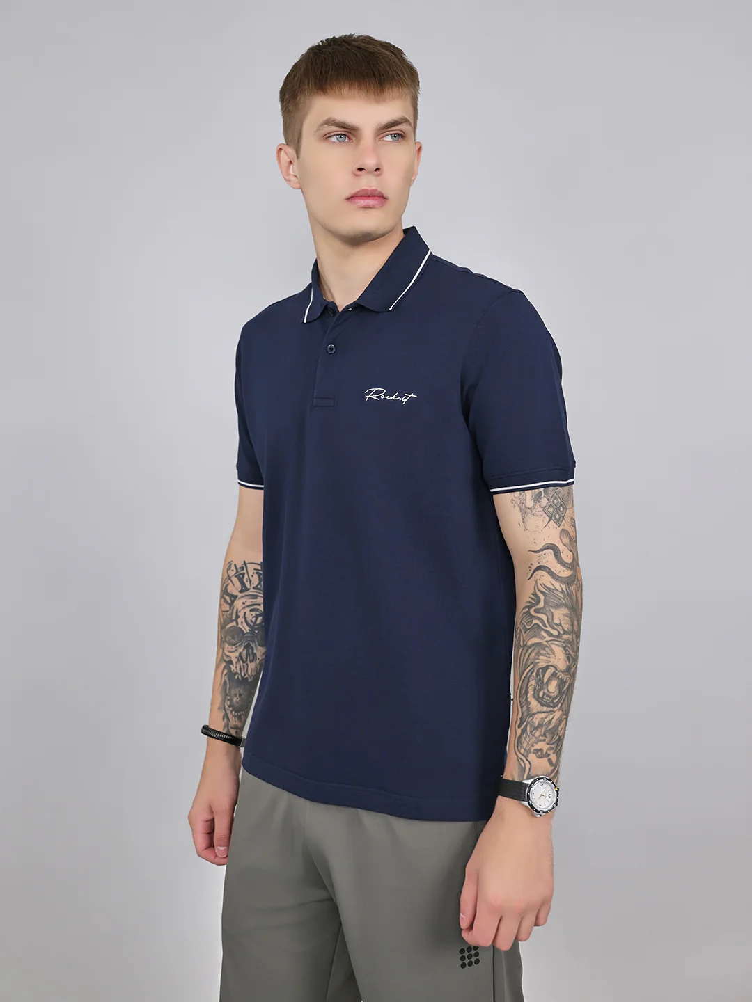 Rock.it Men Navy Blue Solid Collar Half Sleeve T-Shirt - Image 3