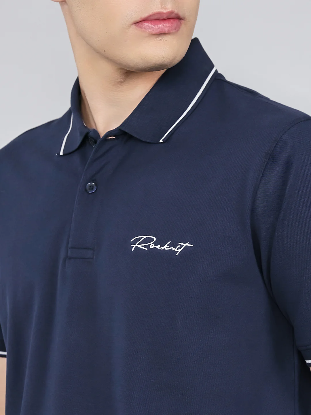 Rock.it Men Navy Blue Solid Collar Half Sleeve T-Shirt - Image 6