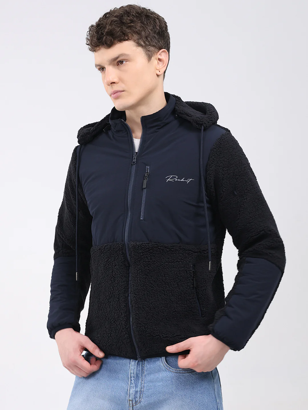 Rock.it Men Navy Blue Solid Hooded Full Sleeve Reversible Jacket - Image 3
