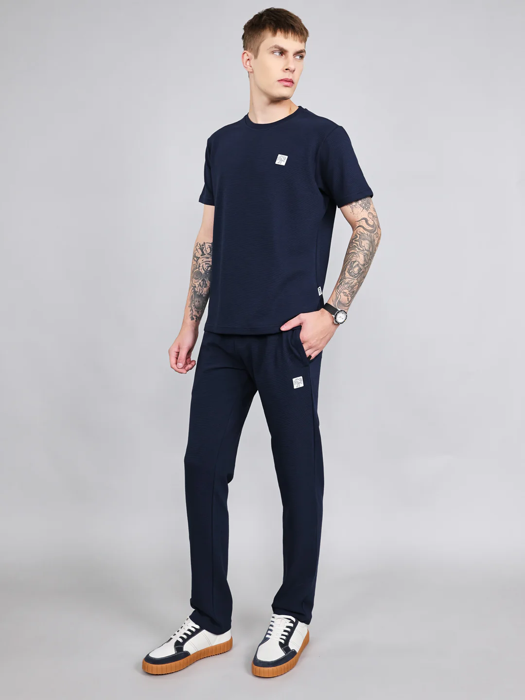 Rock.it Men Navy Blue Solid Round Neck Half Sleeve Cords Set - Image 2