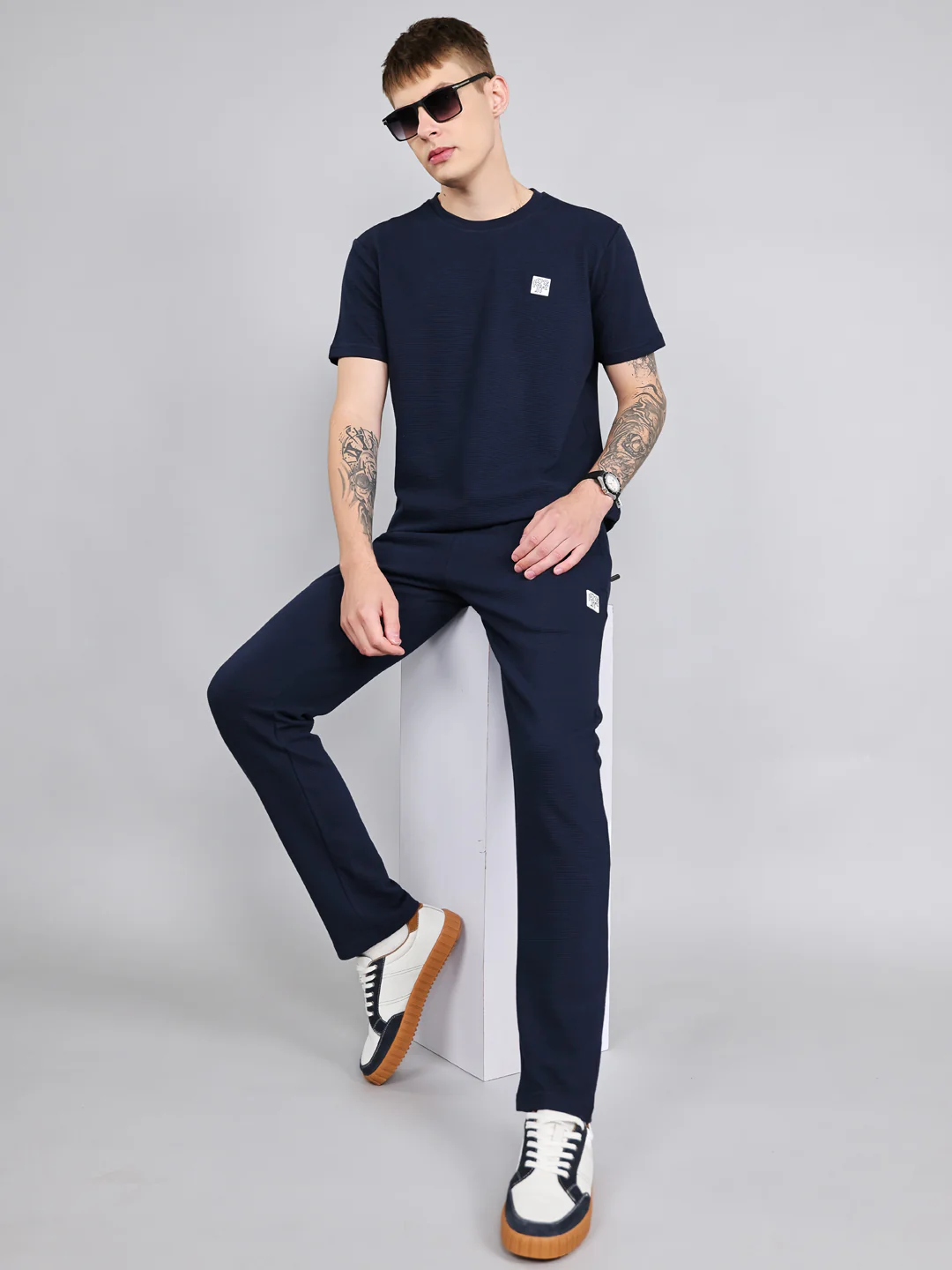 Rock.it Men Navy Blue Solid Round Neck Half Sleeve Cords Set - Image 8