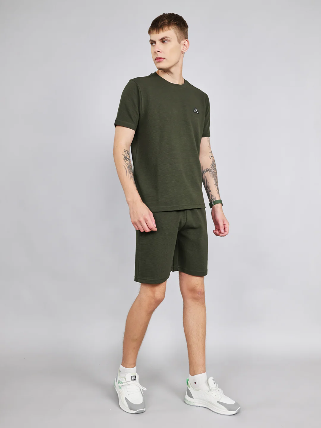 Rock.it Men Olive Self Design Round Neck Half Sleeve Cords Set - Image 2