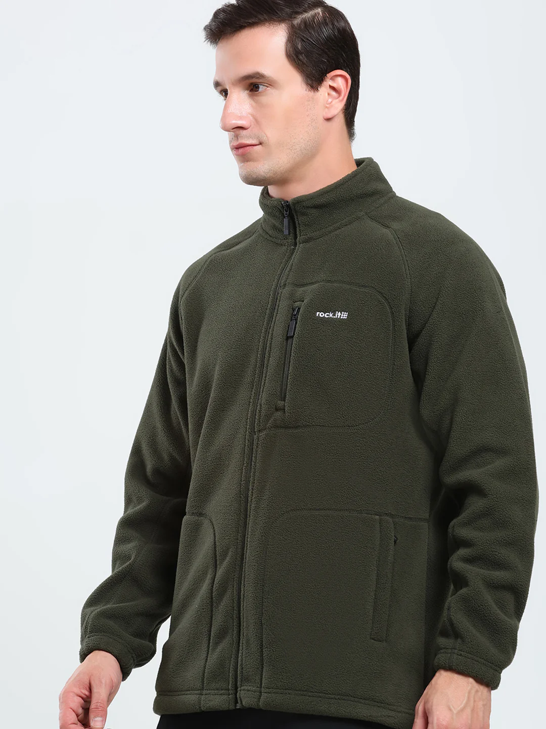Rock.it Men Olive Solid Mock Neck Full Sleeve Sweatshirt - Image 7