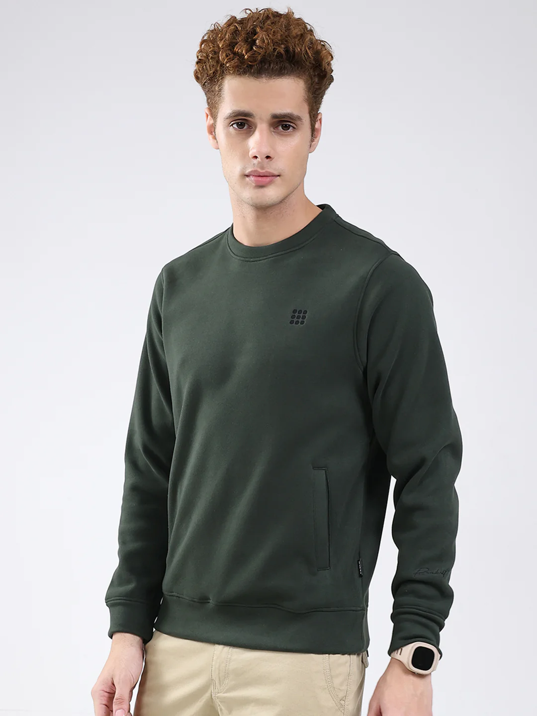 Rock.it Men Olive Solid Round Neck Full Sleeve Sweatshirt - Image 3