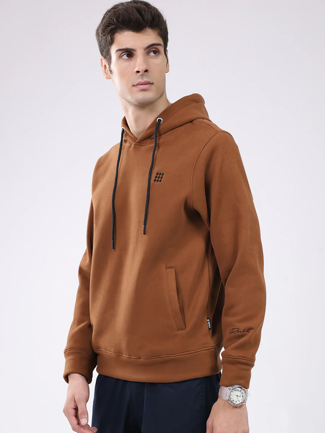Rock.it Men Tan Solid Hooded Full Sleeve Sweatshirt - Image 3