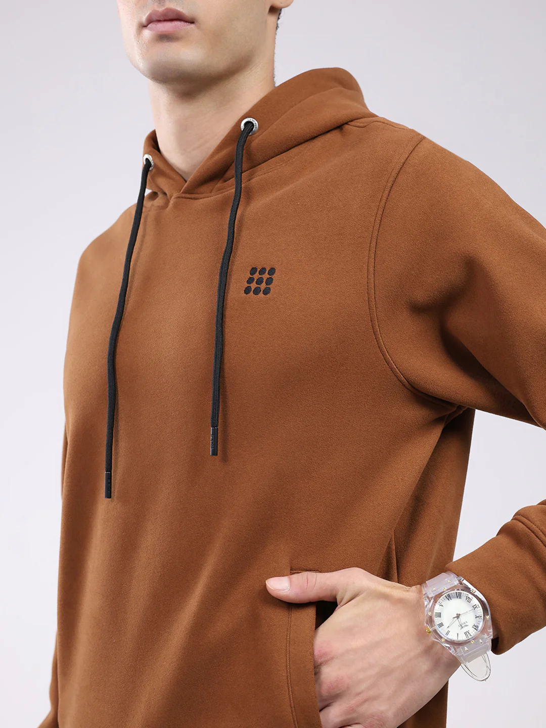 Rock.it Men Tan Solid Hooded Full Sleeve Sweatshirt - Image 6