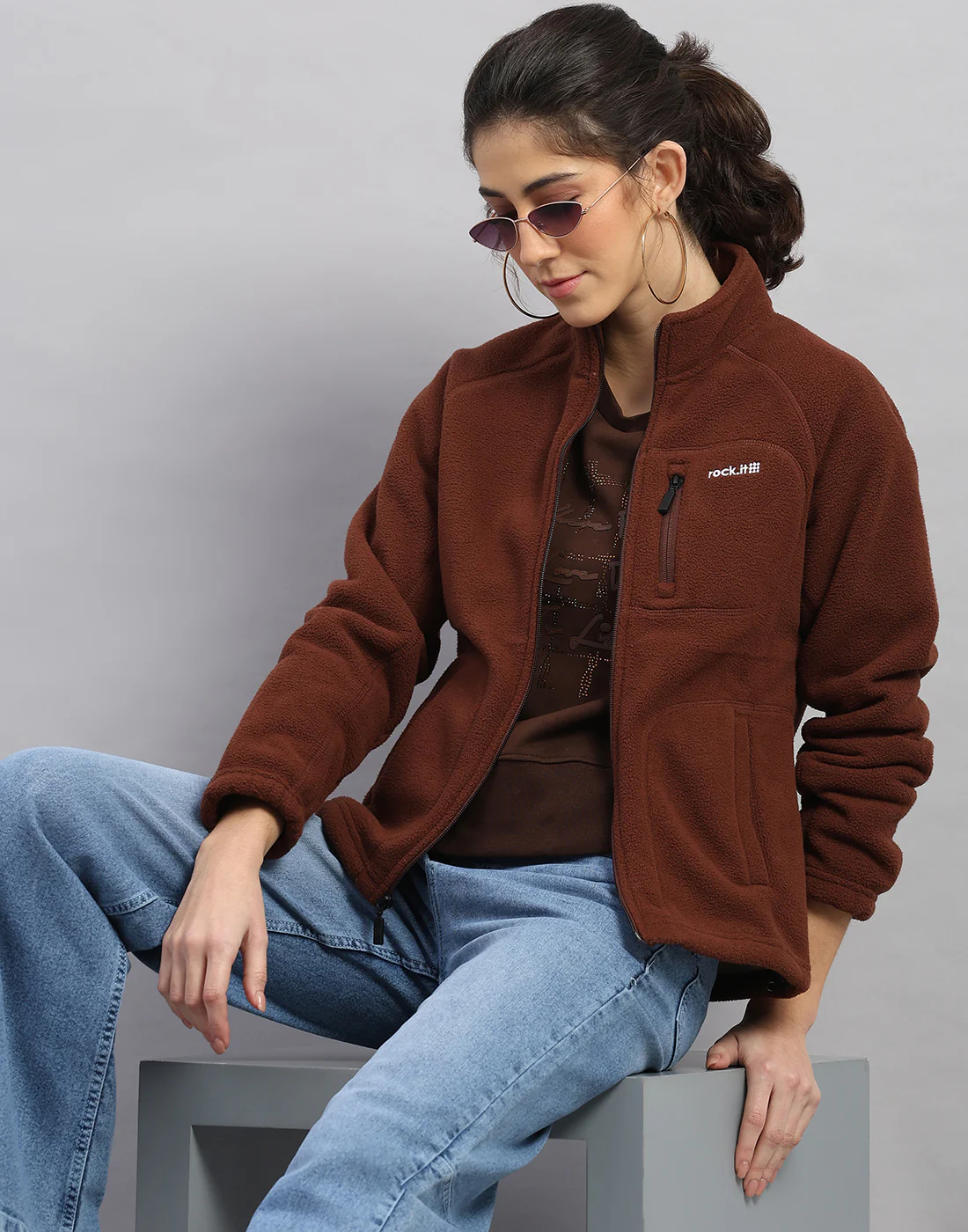 Rock.it Women Brown Solid Turtle Neck Full Sleeve Sweatshirt - Image 6