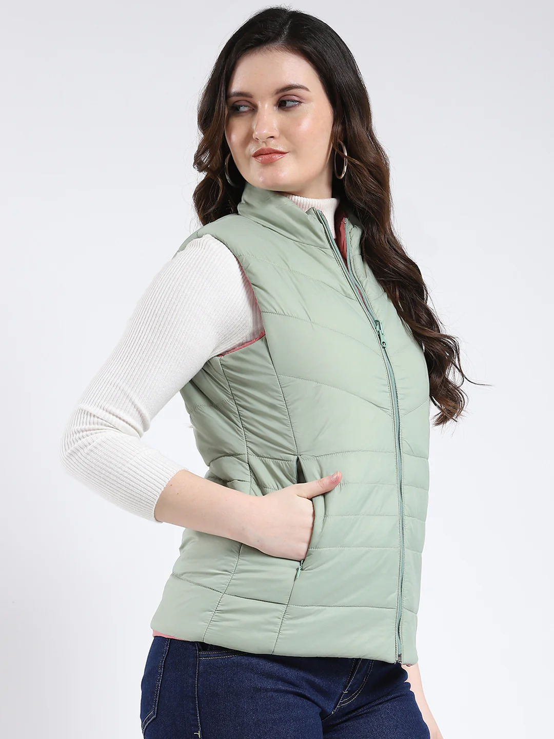 Rock.it Women Green & Pink Solid Mock Neck Sleeveless Jacket - Image 4