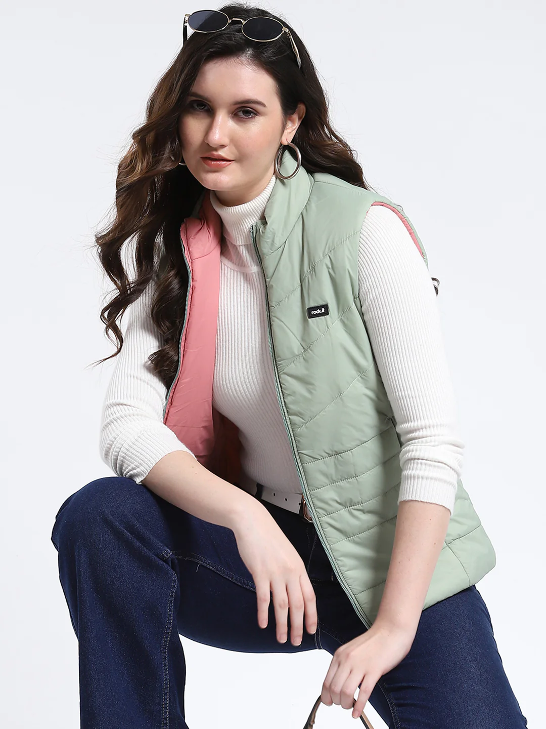 Rock.it Women Green & Pink Solid Mock Neck Sleeveless Jacket - Image 6