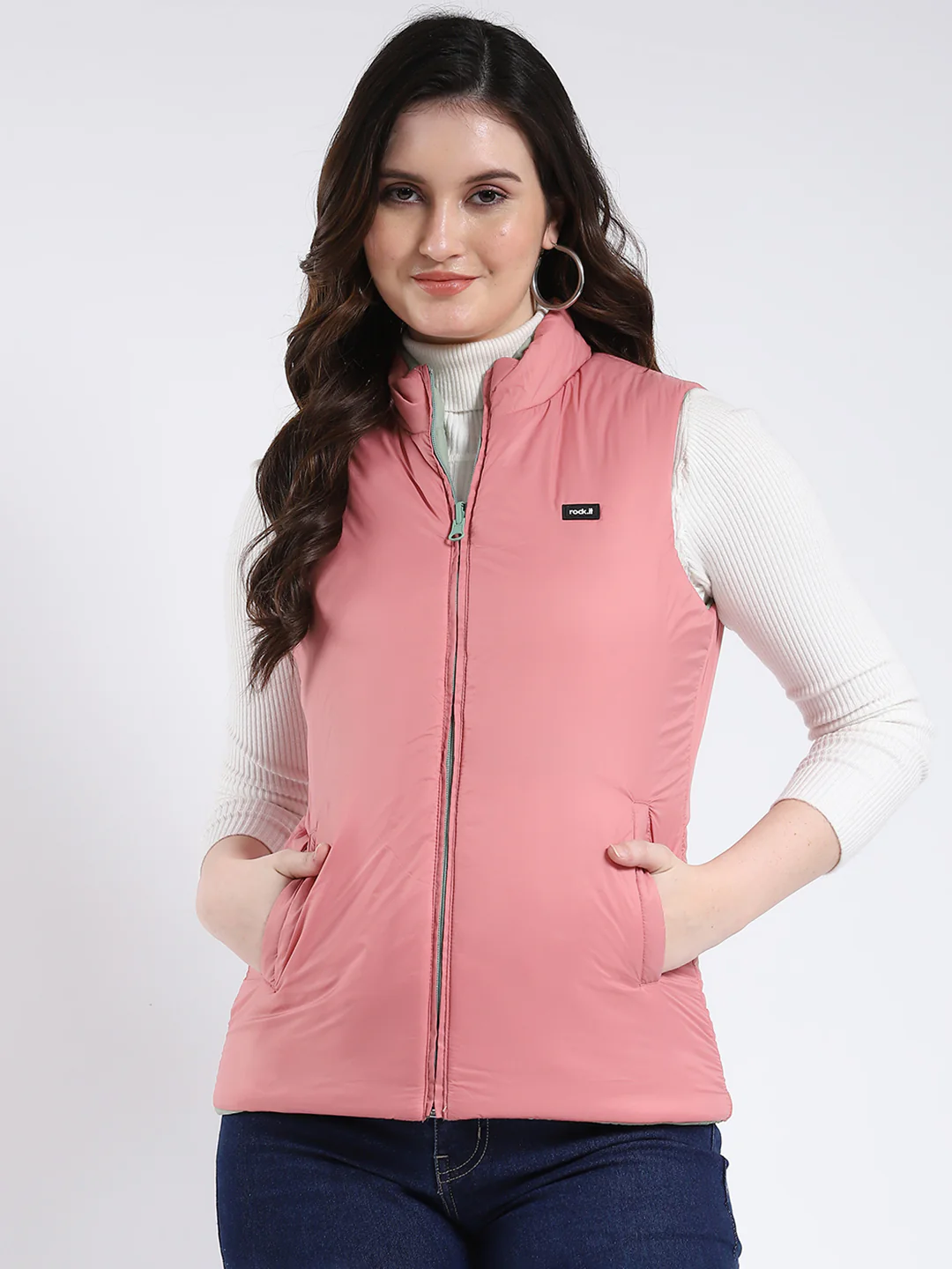 Rock.it Women Green & Pink Solid Mock Neck Sleeveless Jacket - Image 7