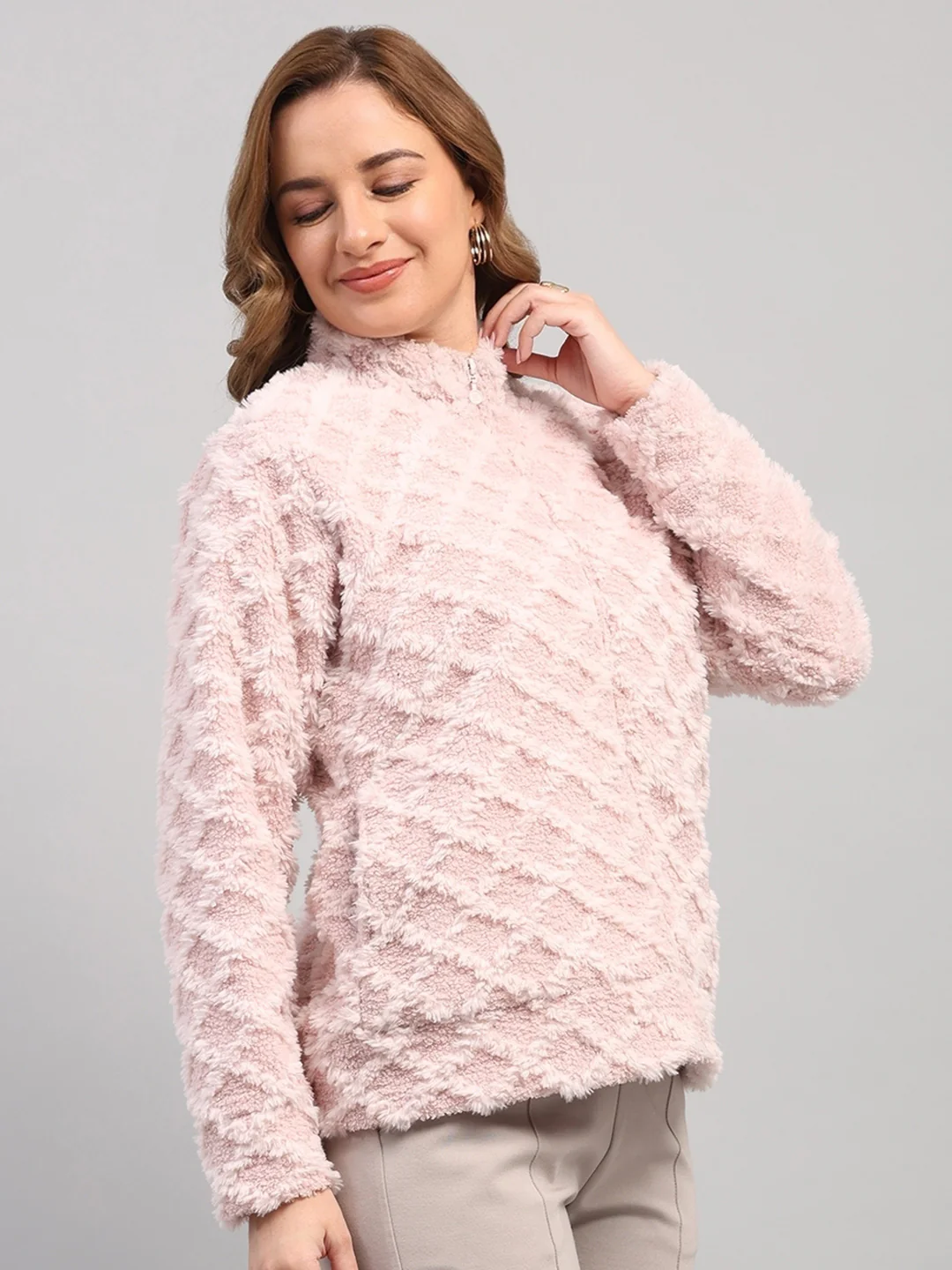 Rock.it Women Peach Self Design Round Neck Full Sleeve Knitted Jacket - Image 4