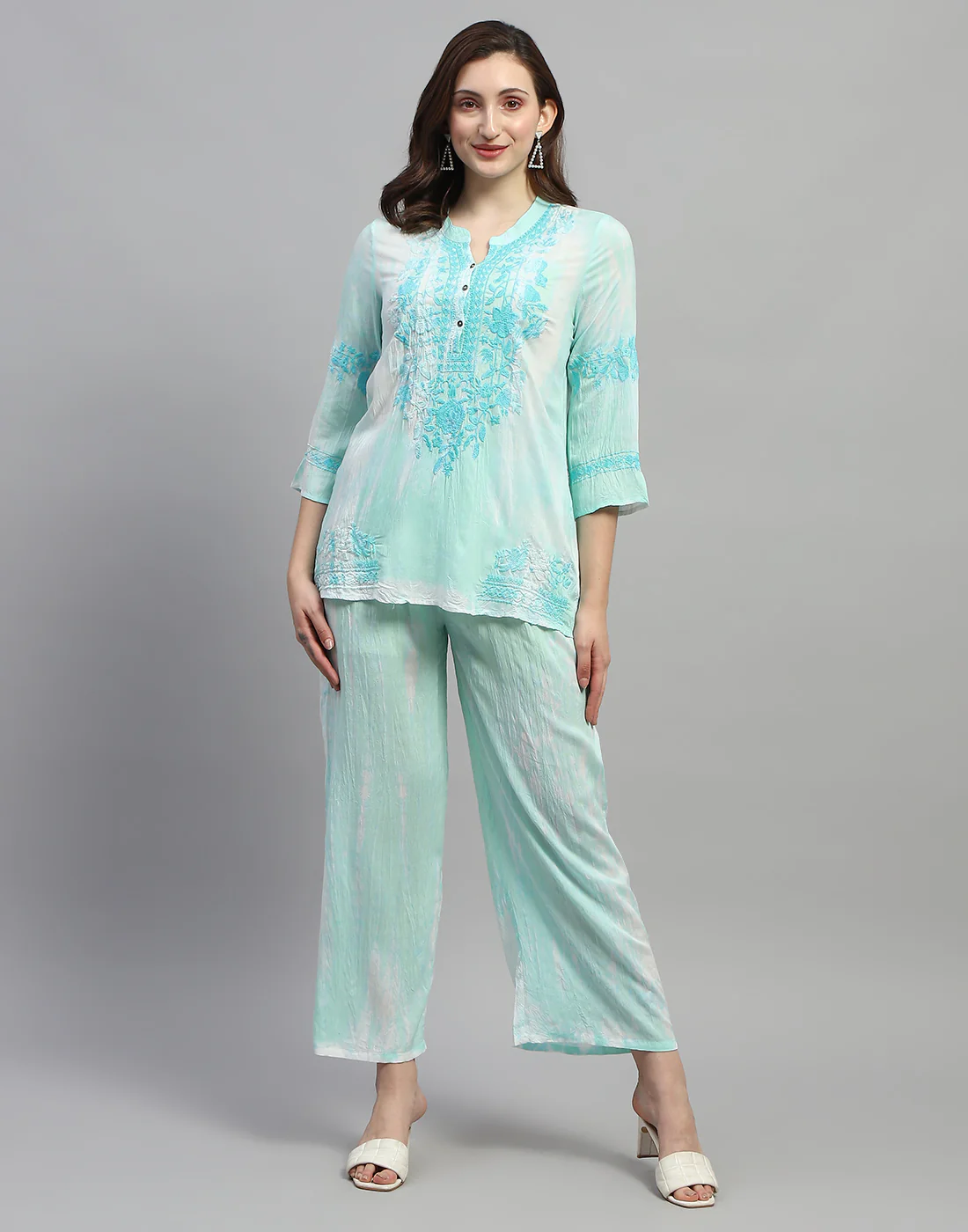 Women Aqua Blue Embroidered V Neck 3/4 Sleeve Cords Set - Image 2