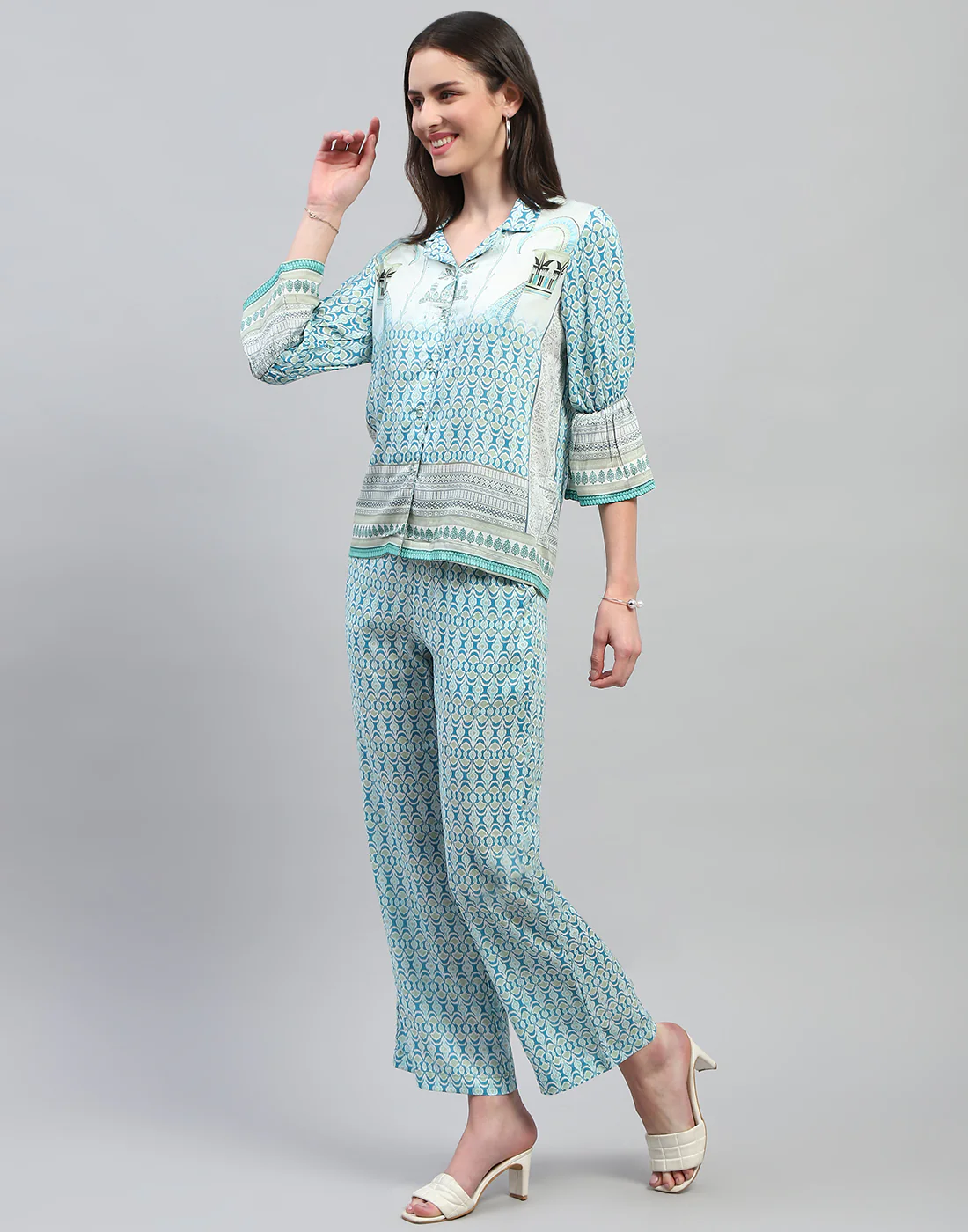 Women Aqua Blue Printed Collar Neck 3/4 Sleeve Lower Set - Image 3
