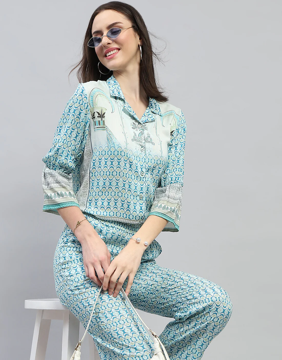 Women Aqua Blue Printed Collar Neck 3/4 Sleeve Lower Set - Image 6