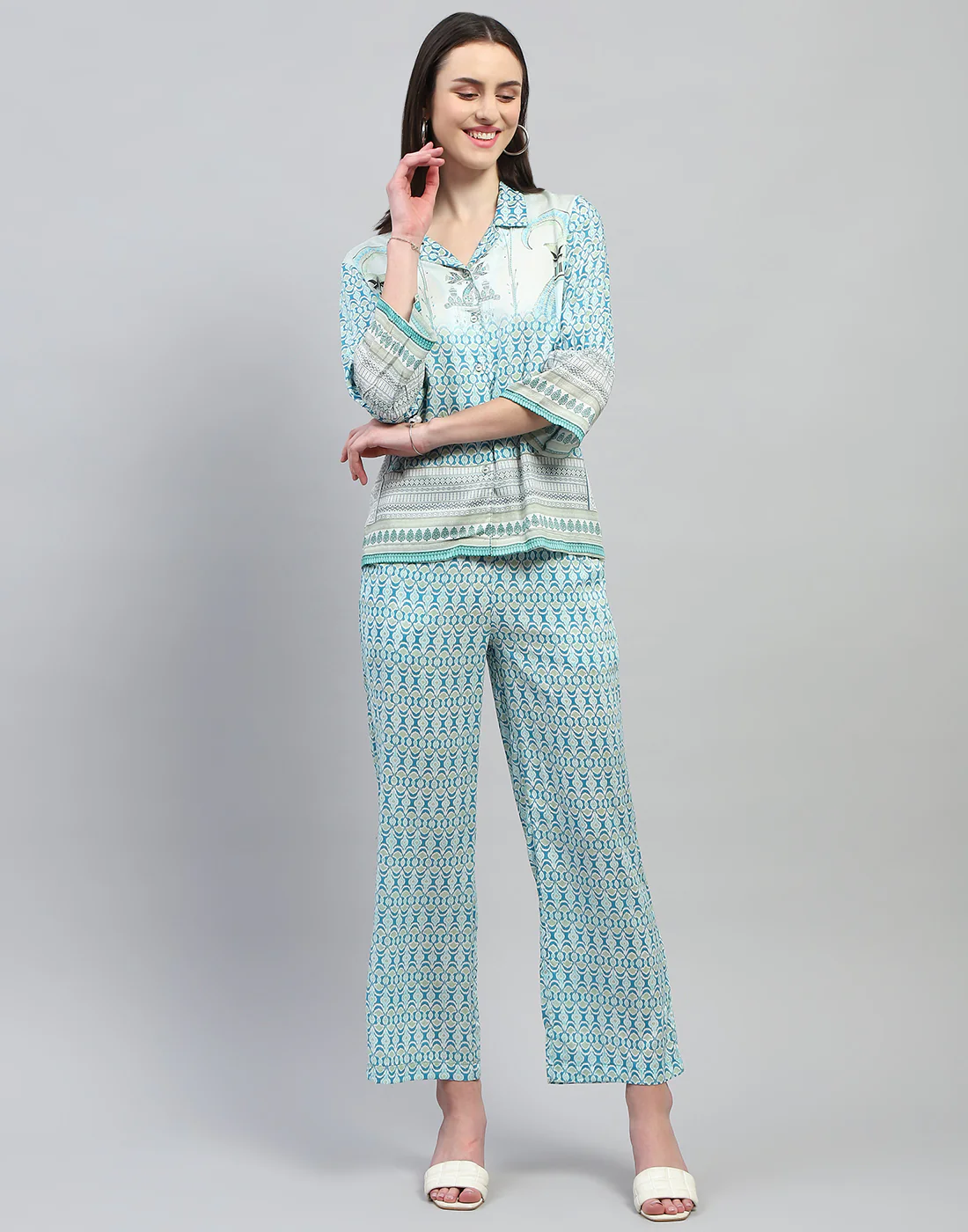 Women Aqua Blue Printed Collar Neck 3/4 Sleeve Lower Set - Image 7