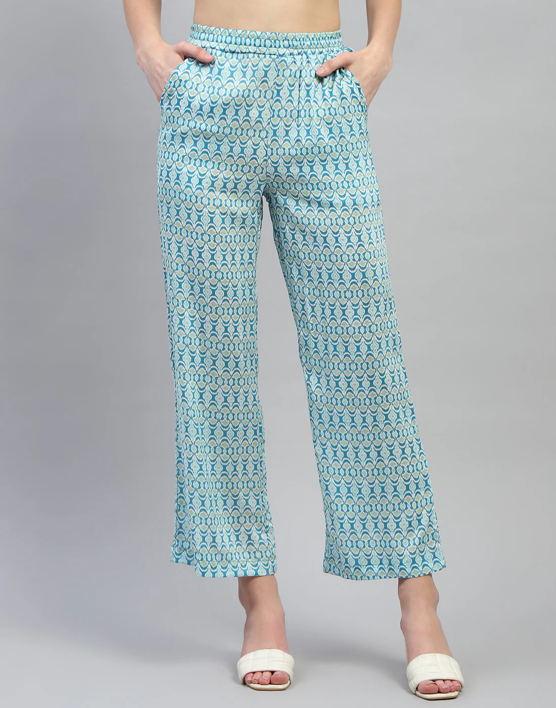 Women Aqua Blue Printed Collar Neck 3/4 Sleeve Lower Set - Image 8