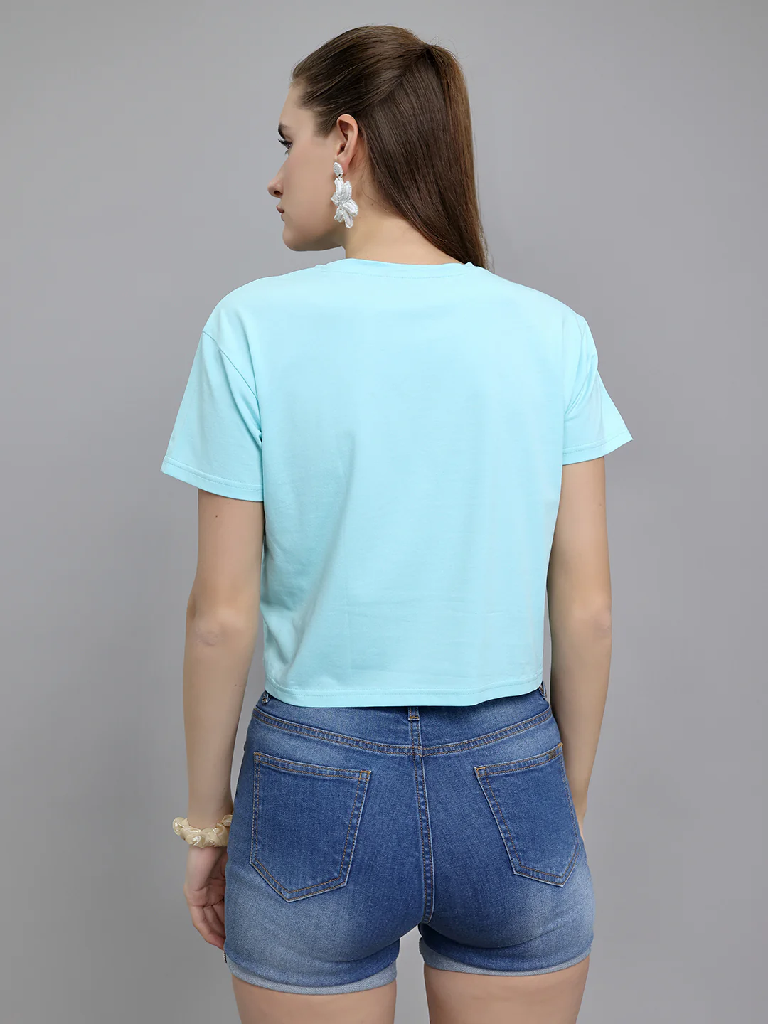 Women Aqua Blue Printed Round Neck Half Sleeve Top - Image 4