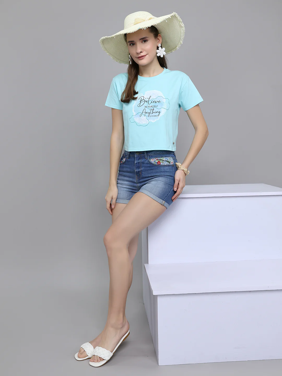 Women Aqua Blue Printed Round Neck Half Sleeve Top - Image 6