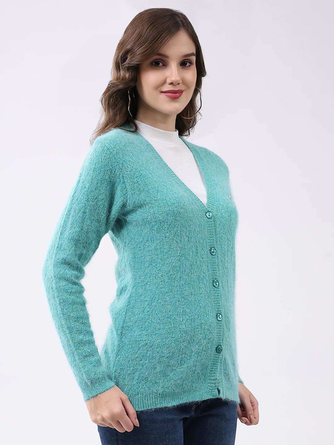Women Aqua Blue Self Design V Neck Full Sleeve Cardigan - Image 4