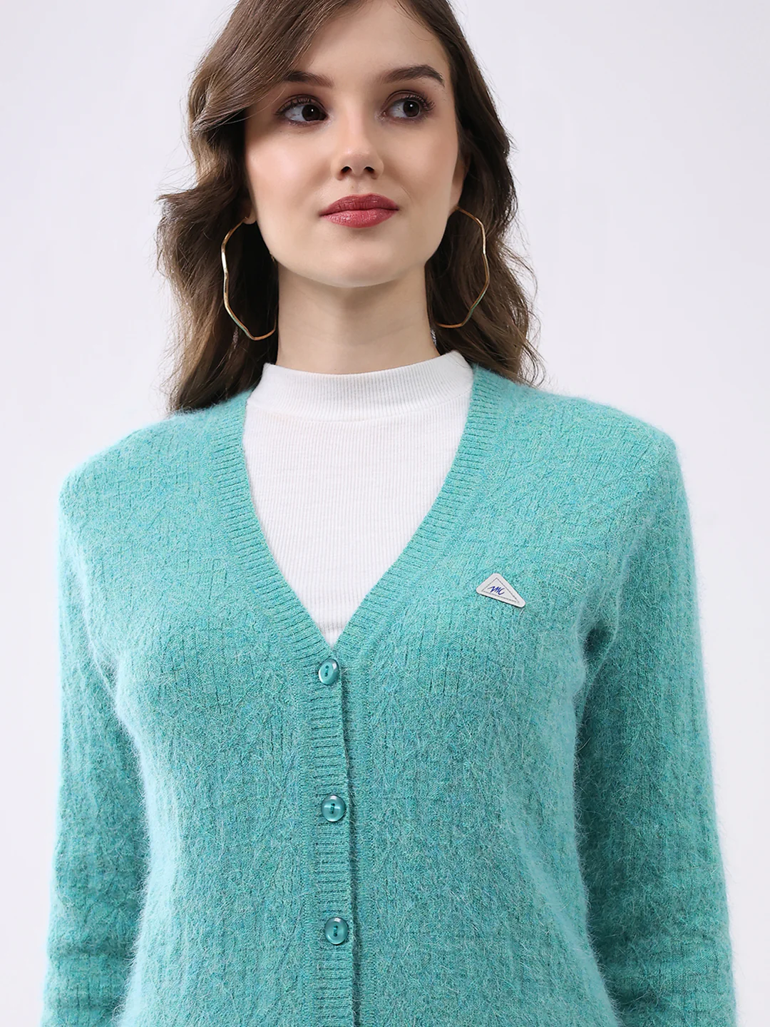 Women Aqua Blue Self Design V Neck Full Sleeve Cardigan - Image 7