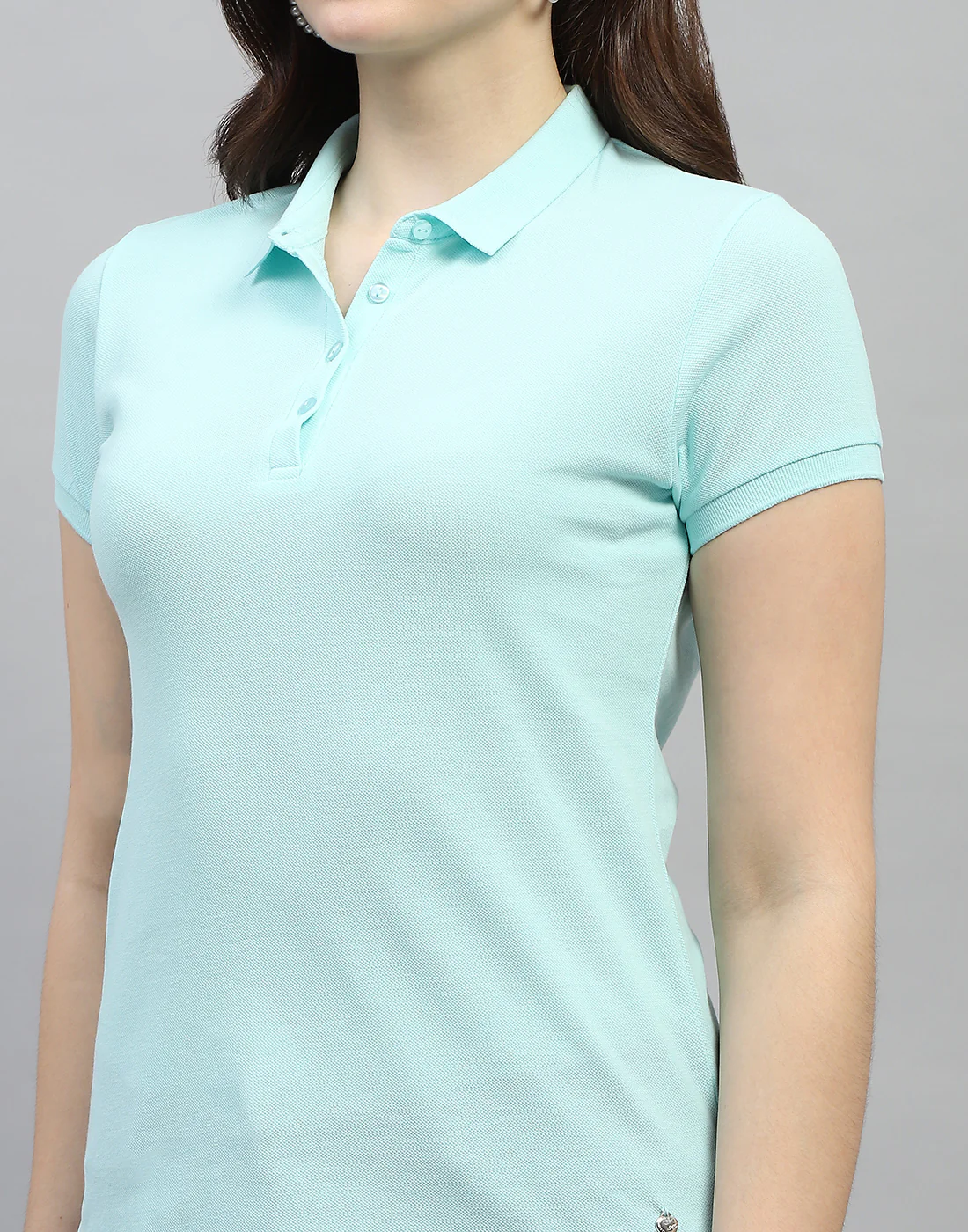 Women Aqua Blue Solid Polo Collar Half Sleeve T Shirt - Image 6
