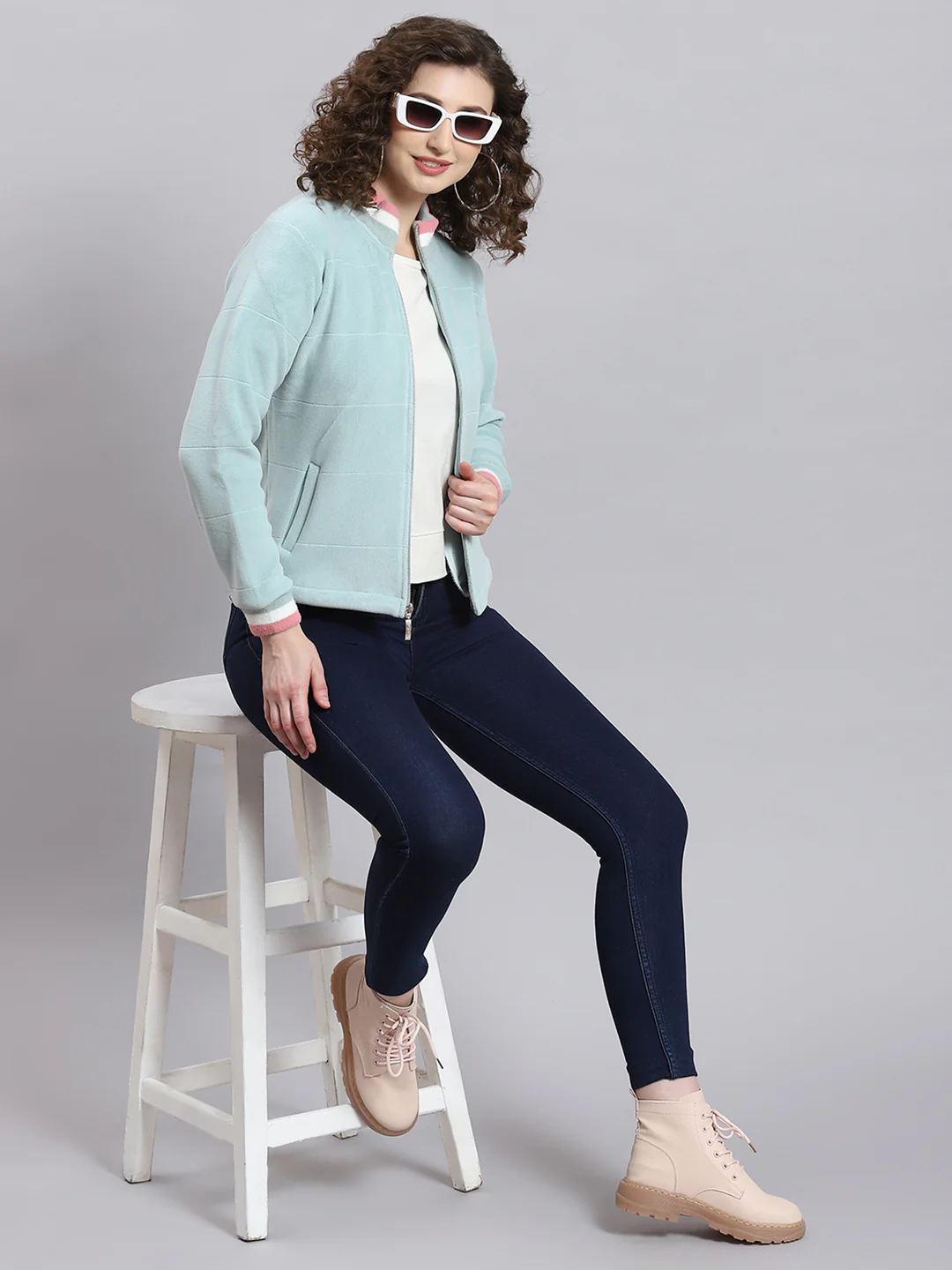 Women Aqua Blue Solid Stand Collar Full Sleeve Sweatshirt - Image 2