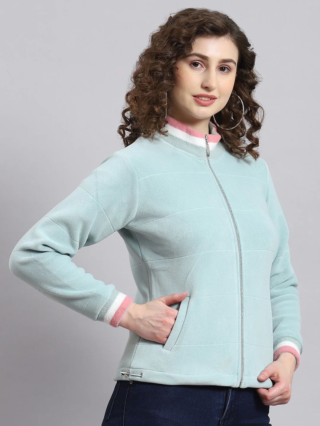 Women Aqua Blue Solid Stand Collar Full Sleeve Sweatshirt - Image 3