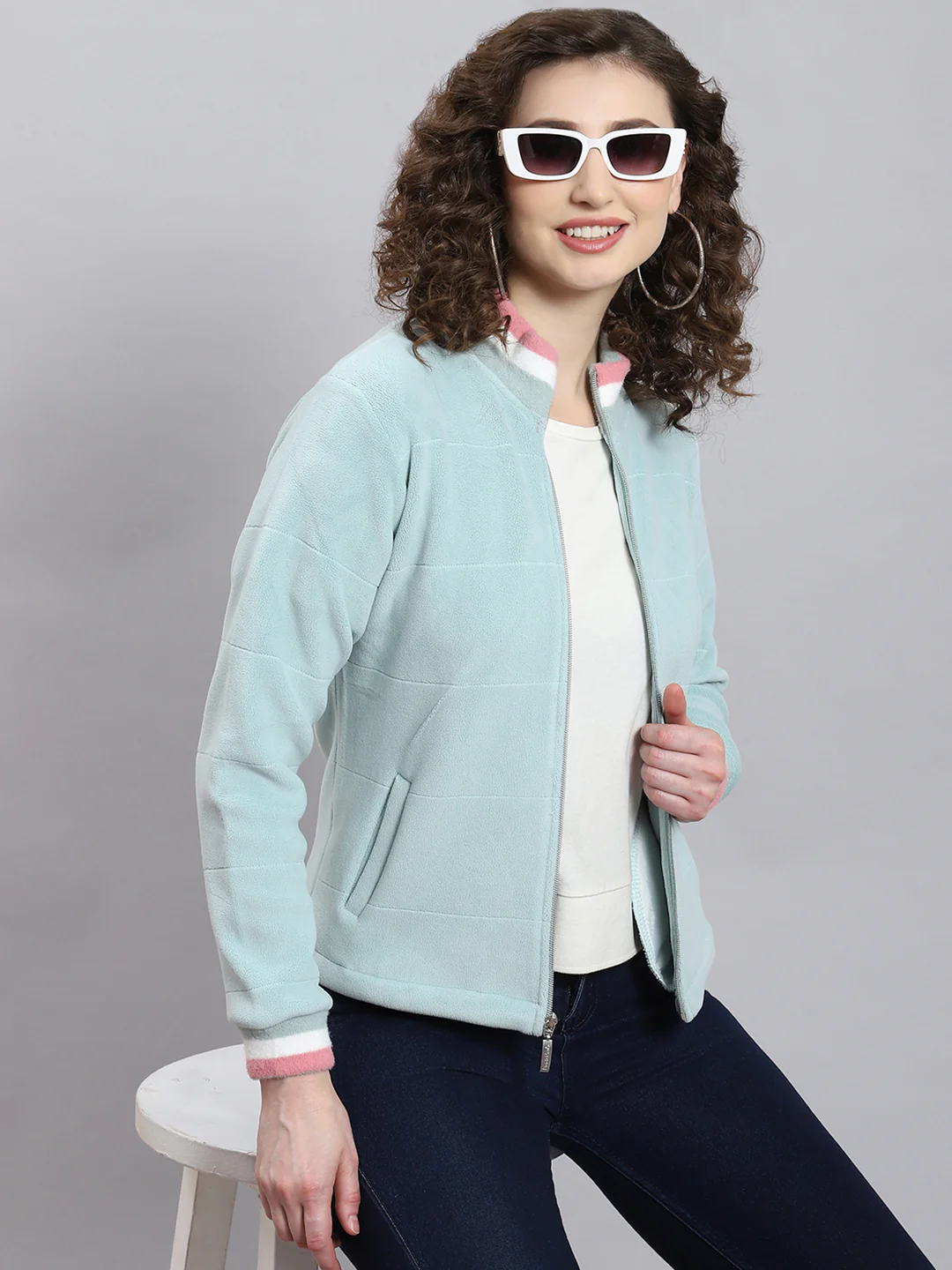 Women Aqua Blue Solid Stand Collar Full Sleeve Sweatshirt - Image 6