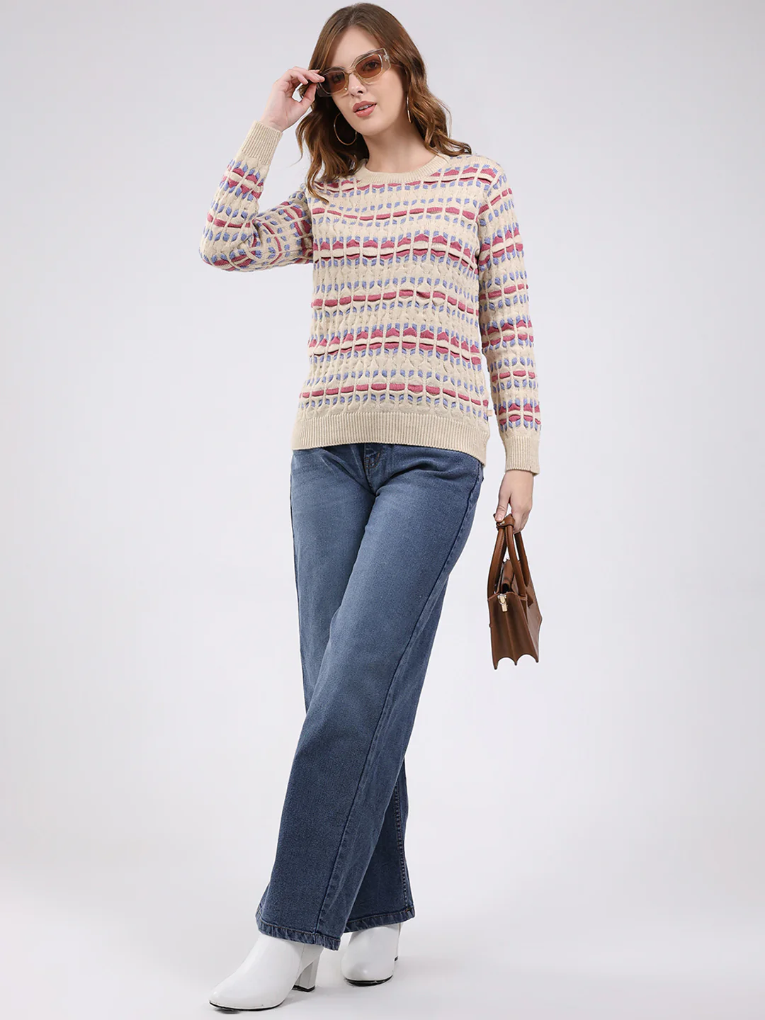 Women Beige Abstract Round Neck Full Sleeve Winter Top - Image 2