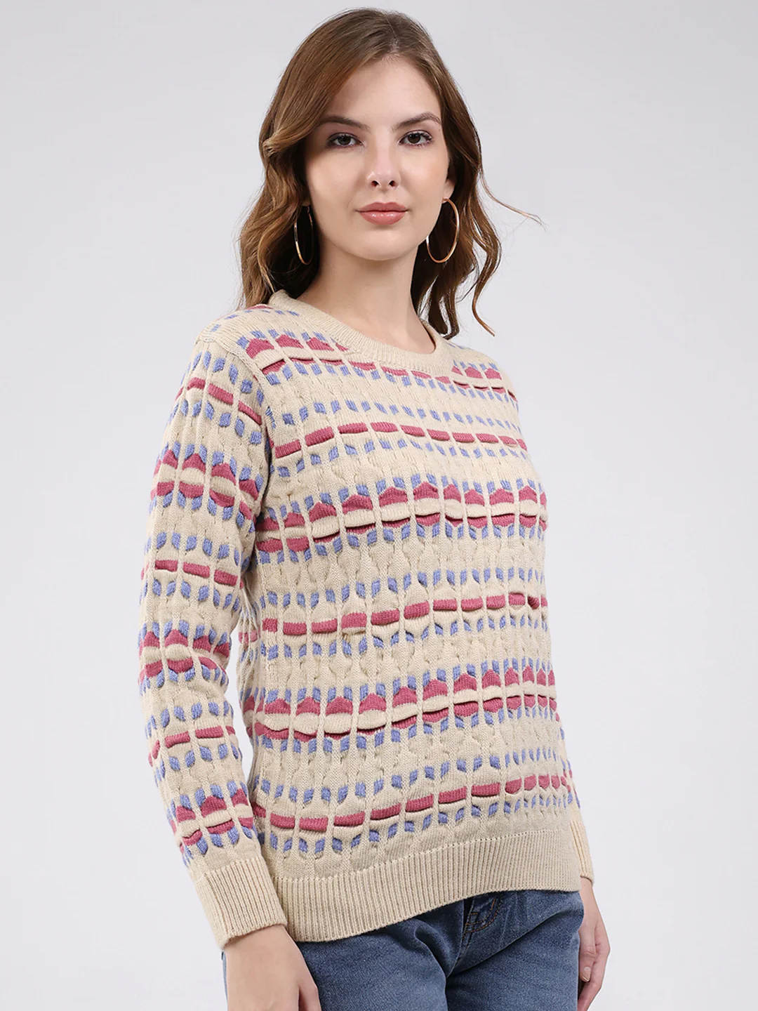 Women Beige Abstract Round Neck Full Sleeve Winter Top - Image 4