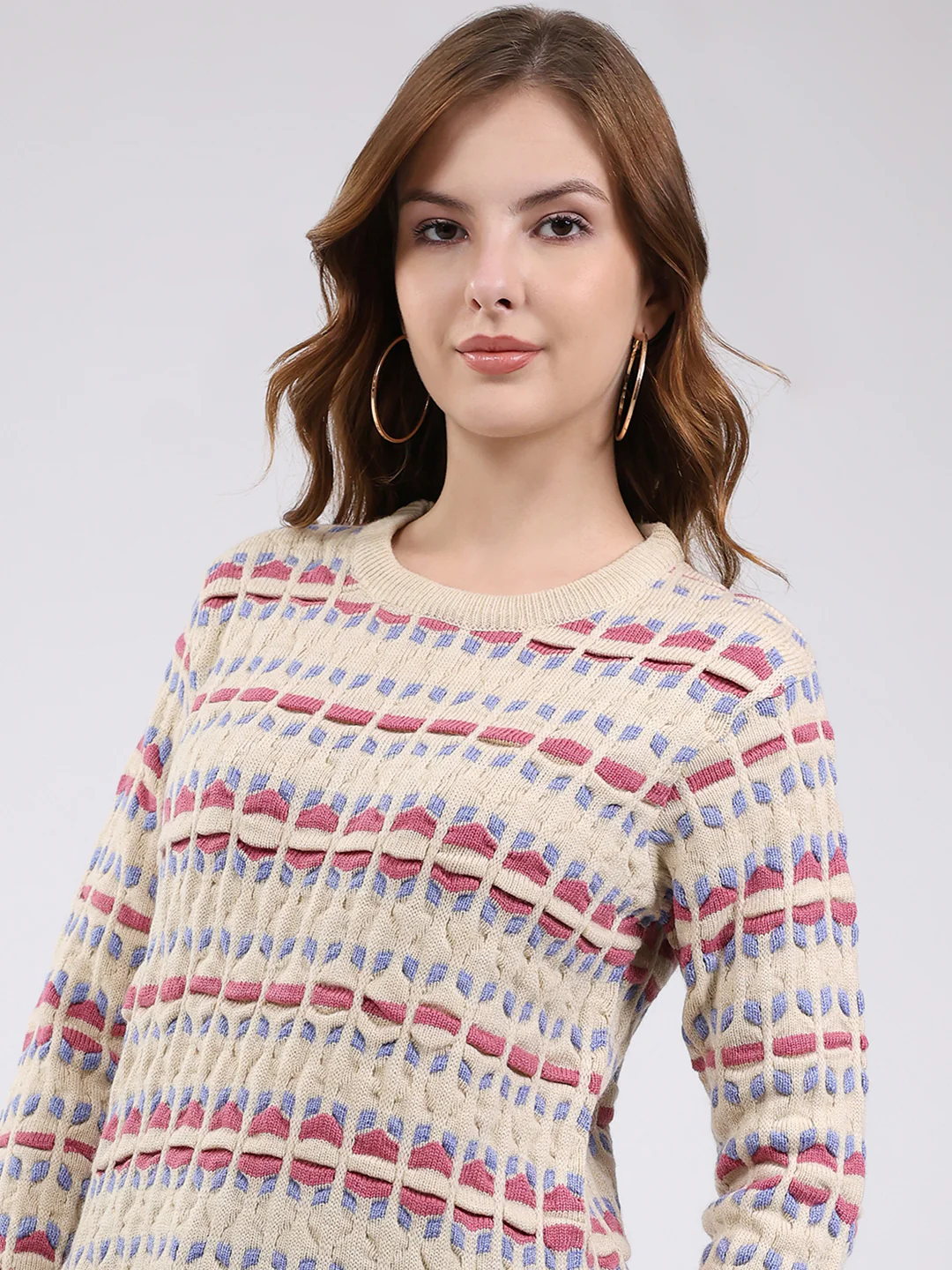 Women Beige Abstract Round Neck Full Sleeve Winter Top - Image 7
