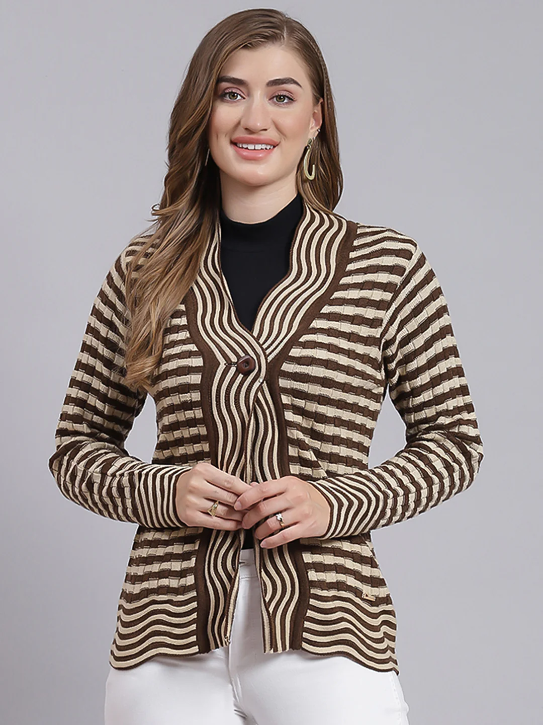 Women Beige & Brown Stripe Wool blend Cardigan - Image 3