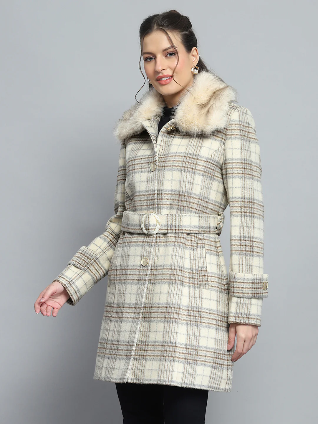 Women Beige Check Collar Full Sleeve Coat - Image 3